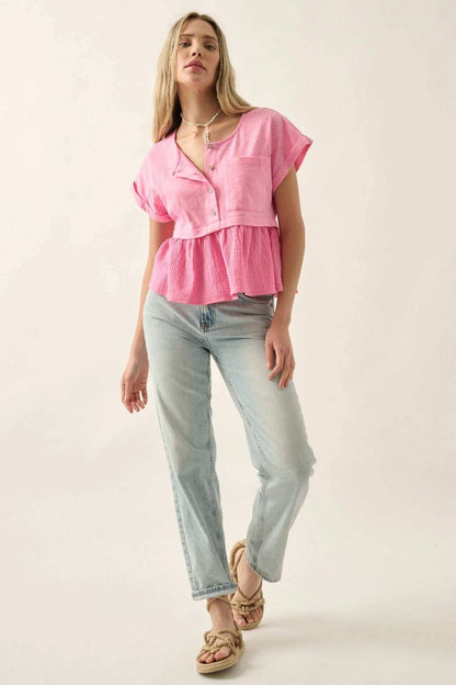 Open Air Cotton Pocket Henley Babydoll Top