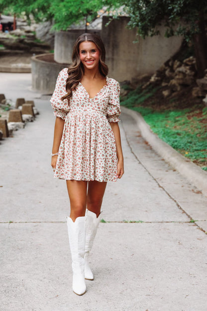 Daisie Mini Dress - Beige Orange and Green