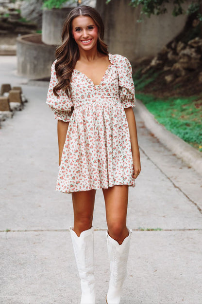 Daisie Mini Dress - Beige Orange and Green