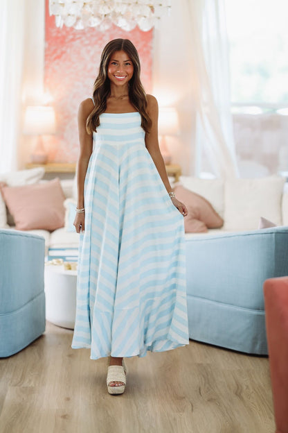 High Tides Maxi Dress - Light Blue and White