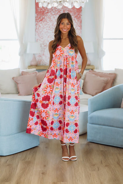 Go To Palm Springs Midi Dress - Pink Blue Yellow Orange